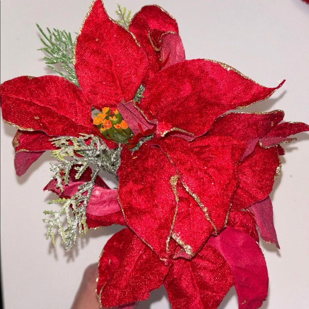 Red Poinsettia Floral Bouquet Set of 7 Red Velvet Gold edge poinsettia bouquets
